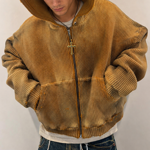 Sudadera con capucha para <span class=keywords><strong>hombre</strong></span>, personalizada, de algodón, térmica, extragrande, de alto gramaje, con cremallera, de punto gofrado, lisa, estilo vintage, desgastada y con lavado ácido - Product Image 2