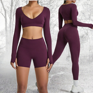 Women Yoga Set Long Sleeve V-Neck Crop Scrunch Back Shorts Sets Activewear Sportswear <b>Gym</b> Wear <b>Leggings</b> - Product Image 3