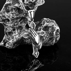 Stainless Steel Prayer Hands <b>Cross</b> Pendant Necklace For Men Fashion Jewelry Gift - Product Image 2