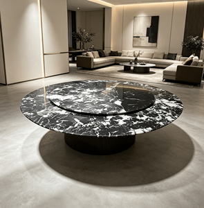 โต๊ะอาหารหินธรรมชาติสีดำขาวทรงกลม พร้อมถาดหมุนแบบ Lazy Susan โต๊ะอาหารวิลล่าหรูหราทันสมัย 8 ที่นั่ง เฟอร์นิเจอร์บ้าน - Product Image 2