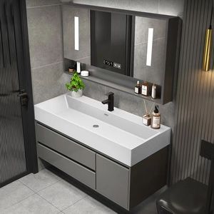 Set Bagno di Lusso All'Ingrosso: Mobili Lavabo <span class=keywords><strong>con</strong></span> <span class=keywords><strong>Specchio</strong></span> LED e Mobiletto in Legno - Product Image 1