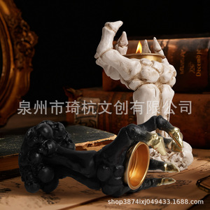 Skull Hand <b>Candlestick</b> Resin Halloween Decoration Indoor <b>White</b> Black Color Light Feature Personal Gift - Product Image 2