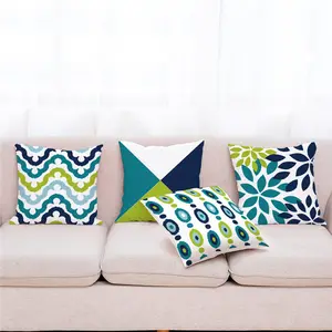 Turquoise Blue Geometry Pattern Cotton Linen Sofa Cushion Cover