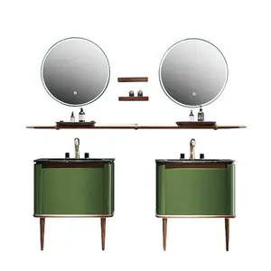 高品质落地陶瓷大理石盆绿色浴室梳妆台，带镜子和发光二极管灯洗手间梳妆台