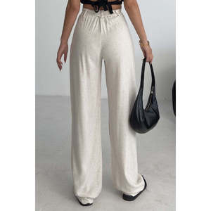 Pantalon large en lin taille haute couleur naturelle respirant décontracté pour femme - Product Image 4