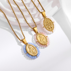 HB0617 <strong>Best</strong> Selling 20*30mm Stainless Steel Turquoise Oval Bead Charm Pendant s Steel Circular Virgin Mary <strong>Necklace</strong> Wholesale - Product Image 1