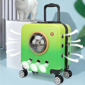 Sac de transport pour animaux de compagnie, valise à roulettes verte avec fenêtre transparente, sac à dos de voyage portable pour chats avec roues et ventilation - Product Image 1