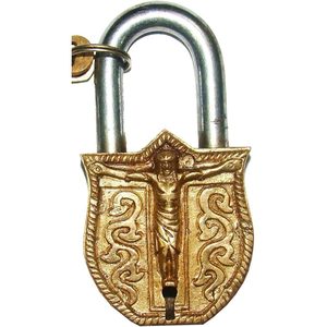 PARIJAT HANDICRAFT <b>Keyed</b> Brass Door <b>Lock</b> Padlock Crucifix Relief Jesus Christ Cross Waterproof Safety Function Christian - Product Image 3