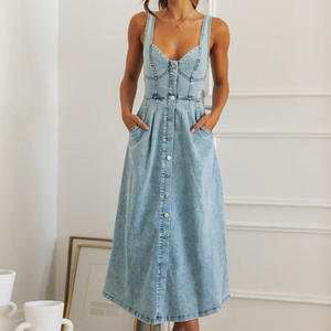 2025 primavera y verano <span class=keywords><strong>tirantes</strong></span> europeos y americanos estilo Casual botón desgastado Denim <span class=keywords><strong>vestido</strong></span> largo sin mangas - Product Image 2