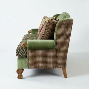 Juego de Muebles Vintage de Terciopelo 3+2+1, Diseño Camelback con Adornos de Tachuelas, Cojines con Tapicería Geométrica, Patas de Madera H2-141-3 H2-141-3 - Product Image 2