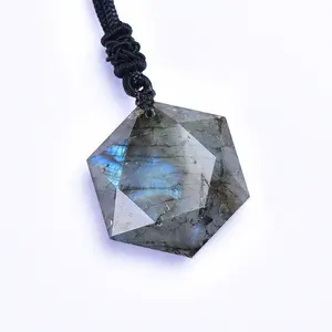 Natural Labradorite stone diamond faceted pendant jewelry hexagon shape blue light moonstone necklace healing charms jewelry
