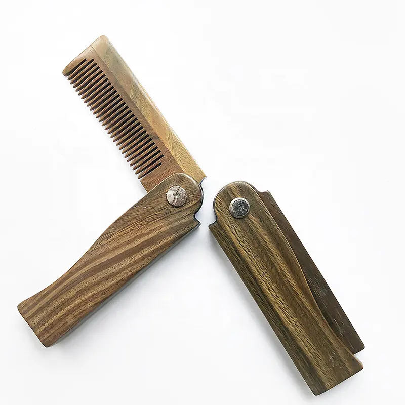 Private Label Pocket Size Easy Carry Sandalwood Fine Tooth Folding Brush Beard Comb