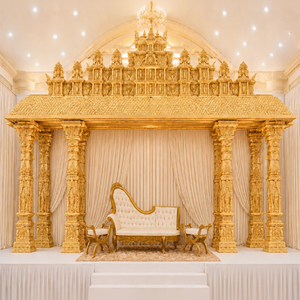 Mandapam Dorado de Lujo para Bodas Tamiles, Elegante Decoración de Templo Manavarai para Bodas del Sur de la India - Product Image 1