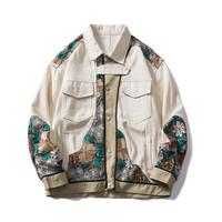 Blouson Bomber Homme Décontracté Ample Style Universitaire Brodé de Fleurs Chinoises et Patchwork – Veste de Baseball