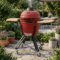 Barbecue au charbon de bois en céramique Kamado de 18 pouces, barbecue rond pour la cuisson en plein air avec tables latérales en bambou