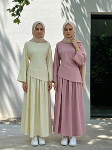 Conjuntos Modestos Islámicos Personalizados de Dos Piezas, Top de Manga Larga con Dobladillo Irregular y Falda Maxi a Juego, Traje Abaya de Moda Diaria para Mujer (01313) - Product Image 1