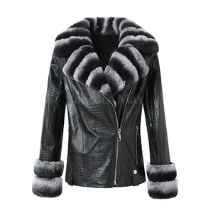 Wholesale Detachable Chinchilla Rabbit Fur Collar Crop Motorbike Ladies Leather Jacket