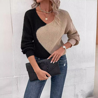 Pull en tricot pour femme, style décontracté et ample, à blocs de couleurs, manches longues, col en V, style unique (personnalisable)