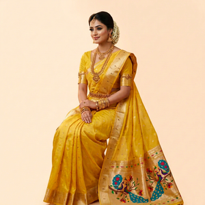 Silk Saree With Peacock Embroidery Hand Drawn Traditional Indian Wedding Wear For Women - Product Image 1