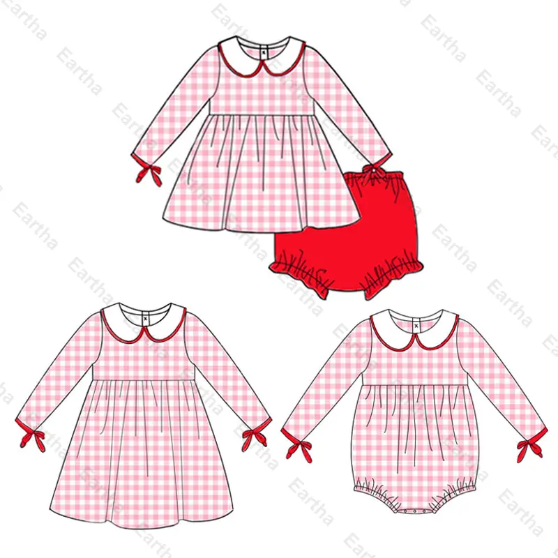 Valentine's Day Boutique Girl Outfit long sleeves pink fashion dresses Bloomer Baby Girl Dress Set