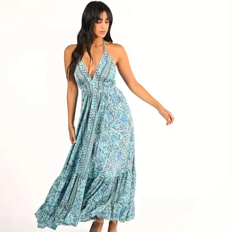 Vestido casual feminino maxi de verão, alça de gola com alças, manga completa 100% algodão, não tecido lavável, novidade em 2024