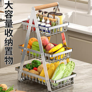 ตะกร้าผลไม้สแตนเลส 3 ชั้น ชั้นวางของแบบพกพาสำหรับห้องครัว ห้องนั่งเล่น ทรงสี่เหลี่ยมแบบตั้งพื้น - Product Image 5