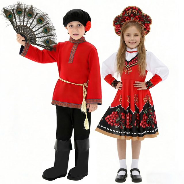 Children's Russian National Costume Unisex Dance Performance Outfit Polyester Echo Character for Boys & Girls June 1st Show