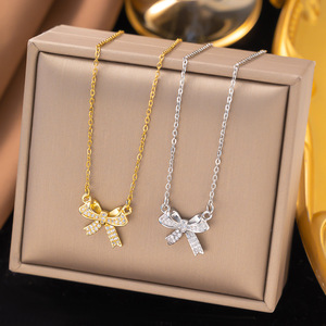 High Quality Stainless Steel <b>Chain</b> Bow Charm Necklace <b>Iced</b> <b>Out</b> Micro Pave Cubic Zirconia Bow Pendant Necklace - Product Image 1