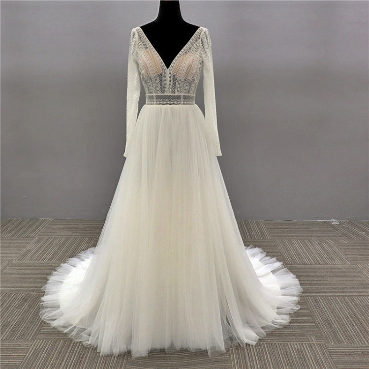 silk champagne long sleeve lace boho victorian wedding dress