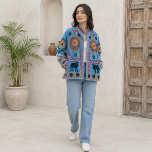 Hand Embroidered Uzbek Blue Cotton Jacket With <b>Animal</b> <b>Pattern</b> Mandarin Collar Spring Women's Prairie Chic Style - Product Image 1