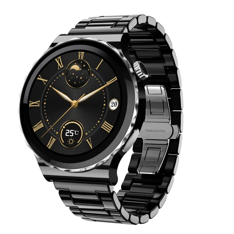 IQOEM E23 akıllı saat BT çağrı deri çelik kayış ile kadınlar için 1.32 inç HD ekran bayanlar moda müzik çalma Smartwatch