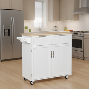 Isola da Cucina Moderna su Ruote Bianca 41 Pollici con Piano in Legno di Gomma 2 Cassetti con Ruote Modello D0100XFFKLP - Product Image 2