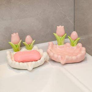 Ruijie Ceramic Tulip Soap Dish Floral Shape Self Drain Bathroom Decor White Porcelain - Product Image 1