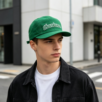 Casquette de camping verte à 5 panneaux, broderie 3D personnalisée, en coton, non structurée, à visière plate, pour le sport, le camping et les activités de plein air