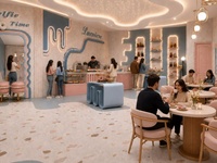 Mobilier de magasin de bonbons pastel sur mesure avec façade ondulée, sol en terrazzo et design intérieur complet du magasin