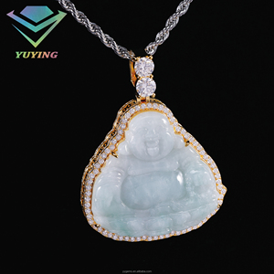 Personnalisé 14k/18k Jaune <span class=keywords><strong>Or</strong></span> Nature <span class=keywords><strong>Jade</strong></span> Bouddha Statue <span class=keywords><strong>Pendentif</strong></span> Noir Blanc Vert Avec Lab CVD Diamant pour Rappeur Design - Product Image 1