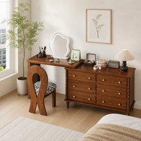 Ensemble de coiffeuse vintage français en bois massif avec miroir LED ondulé, commode à 6 tiroirs et chaise sculpturale