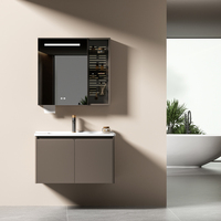 Meuble de salle de bain de luxe personnalisé avec vasque en céramique, miroir intelligent, style moderne minimaliste, armoire en aluminium nid d'abeille, pour hôtel et salle à manger