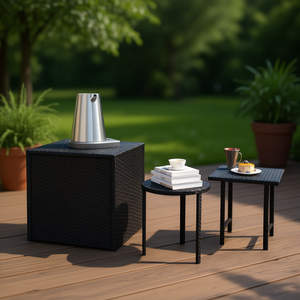 Black Poly Rattan Patio <b>Side</b> <b>Tables</b> Outdoor <b>Table</b> <b>Set</b> Contemporary Durable Metal Frame - Product Image 2