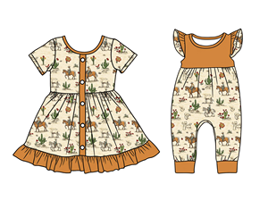 Custom Casual Print Western Cowboy Howdy <b>Kids</b> Girls Ruffles Dress Baby <b>Bubble</b> Romper Sister Matches Wholesale Clothing Cotton - Product Image 3