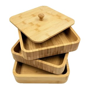 Bamboo Three Layer <b>Storage</b> Box Square 18x18x14cm <b>Stackable</b> Food <b>Container</b> Kitchen Desktop Use - Product Image 2