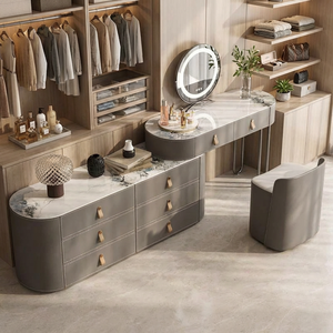 Ensemble de coiffeuse moderne en bois massif avec organisateur de bijoux, miroir éclairé réglable et tabouret – Table de maquillage fonctionnelle pour chambre/salon - Product Image 4
