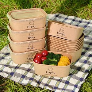 Rectangular Kraft Paper Disposable Lunch Box 750ml <b>Microwave</b> Safe Takeout Packaging For Picnics Camping Fruit Salad - Product Image 2