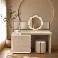 Coiffeuse à panneaux laqués brillants avec miroir LED floral, trois tiroirs, écran cannelé et pouf rond