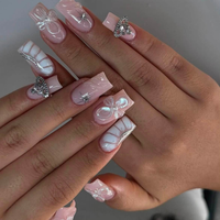 Ongles artificiels courts en acrylique faits à la main, dégradé arc-en-ciel, French manucure, fleur blanche 3D, coquillage, perle de poisson doré, décor