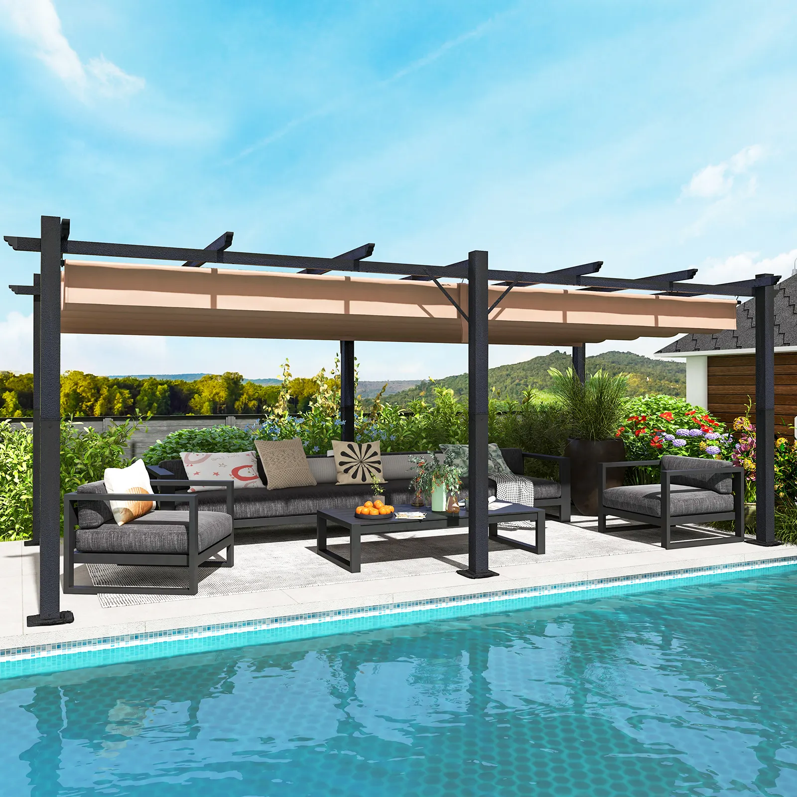 Mochen Metalen Pergola Hardtop Klein Dak 10x20ft Gepoedercoat Tuinhuisje Voor Tuin Buitenterras Met Hoes