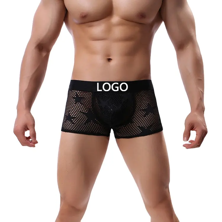 Bóxer corto personalizado para hombre, ropa interior Sexy con estampado de estrella de cinco puntas, diseño de tela de malla, calzoncillos de tiro bajo