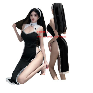 Ecoparty Lingerie <span class=keywords><strong>Sexy</strong></span> <span class=keywords><strong>da</strong></span> Donna, Costume <span class=keywords><strong>da</strong></span> <span class=keywords><strong>Suora</strong></span> per Cosplay, Travestimento per Halloween, <span class=keywords><strong>Abito</strong></span> con Collo Alto e Maniche a Campana - Product Image 1