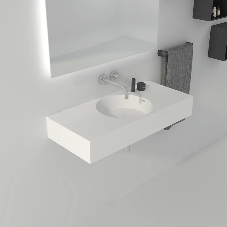 ホテルのバスルーム用の長方形のマットホワイトアクリルストーンレジンカウンタートップ容器壁掛け手洗い洗面台シンク