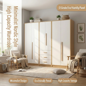 Armoire autoportante minimaliste moderne avec portes battantes, couleur bois naturel, montage facile, meuble de rangement pour chambre à coucher, garantie 1 an - Product Image 2